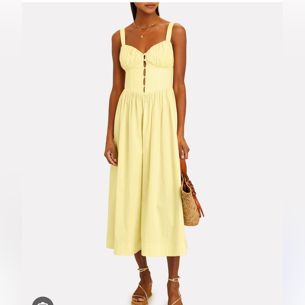 Staud, size 10, yellow - Shop Staud Amaya Poplin Corset Midi Dress.